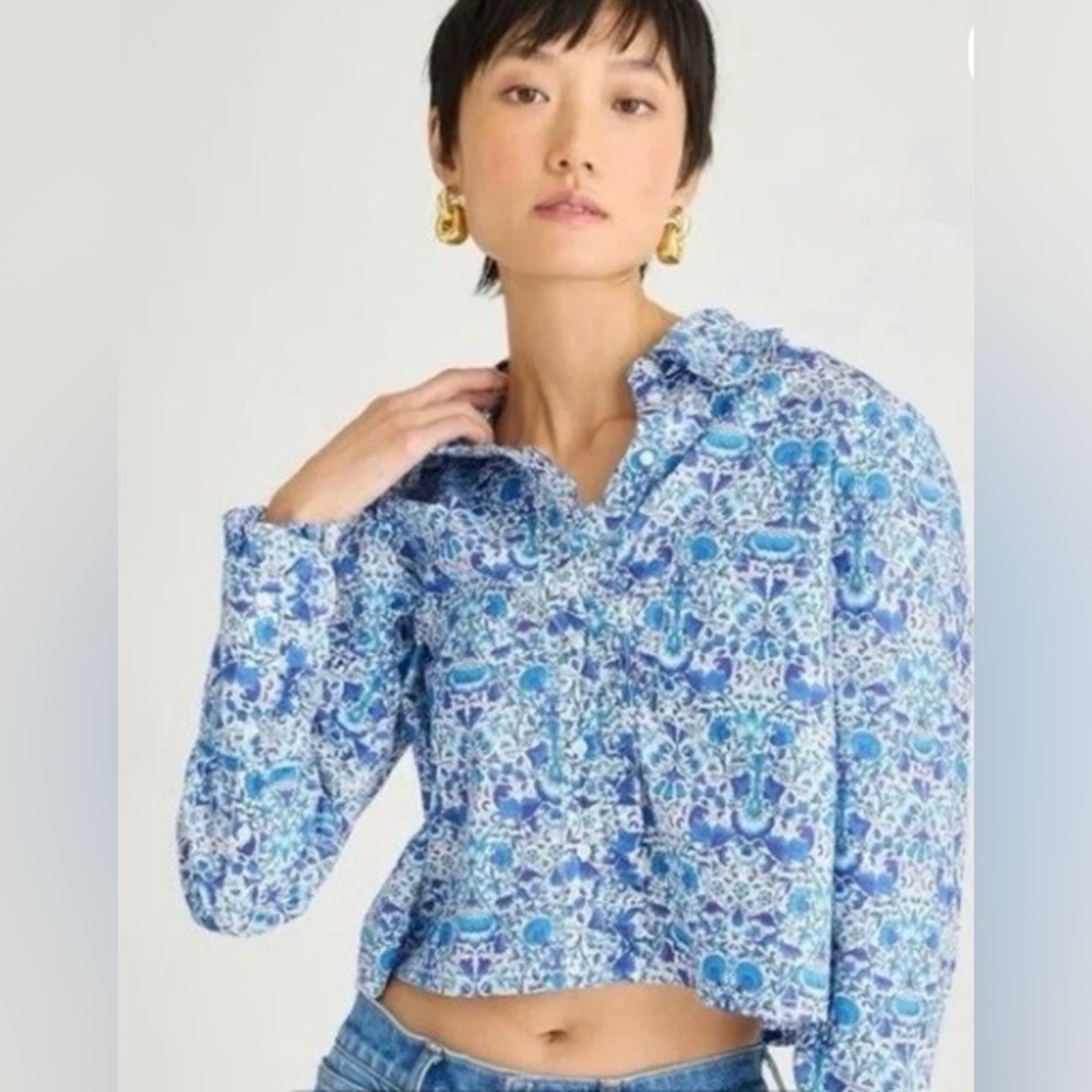 J CREW NWT Liberty® Lodden Fabric Blue Floral Ruffle-Trim Button-up Shirt Size L